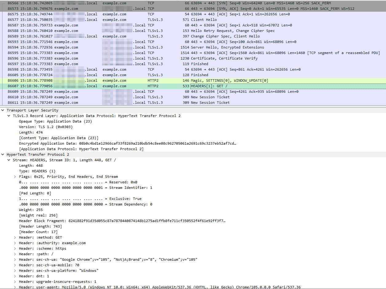 Wireshark dissector showing decrypted HTTP/2 traffic to example.org