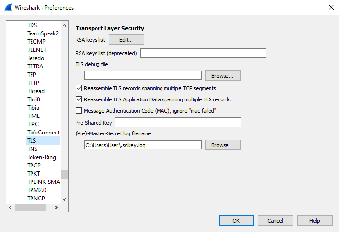 Wireshark > Preferences > Protocols > TLS